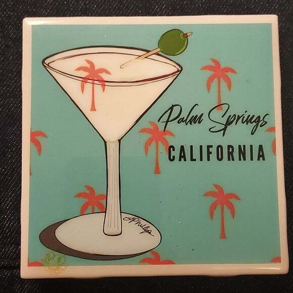 Ceramic Coasters martini Palm Springs set of 2 turquoise white drink coasters - Picture 2 of 6